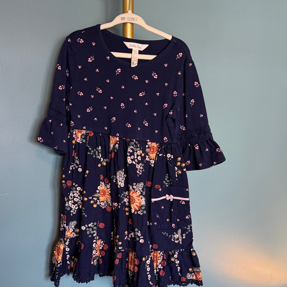 Matilda Jane Navy Floral Tiered Dress with Pink and Floral Details